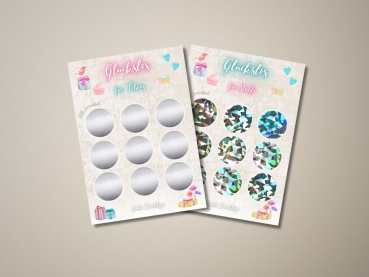 Zwei romantische Rubbellos-Karten im A6-Format mit silbernen und holografischen Rubbelstickern – personalisierbares Geschenk für Paare